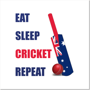 Eat Sleep Cricket Repeat Australia Flag Cricket Bat Posters and Art